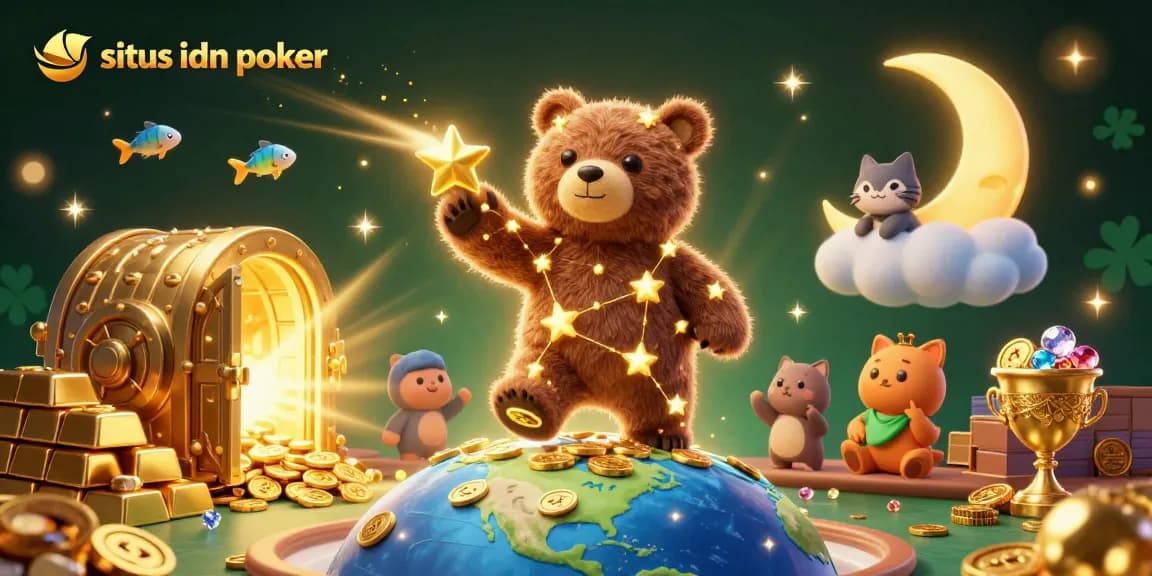 Experience the excitement of situs idn poker with a vibrant promotional illustration of poker-themed characters and treasures.