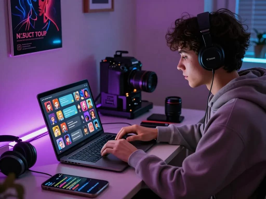 Engaging in an NSFW AI chat on a laptop in a cozy, neon-lit home office.