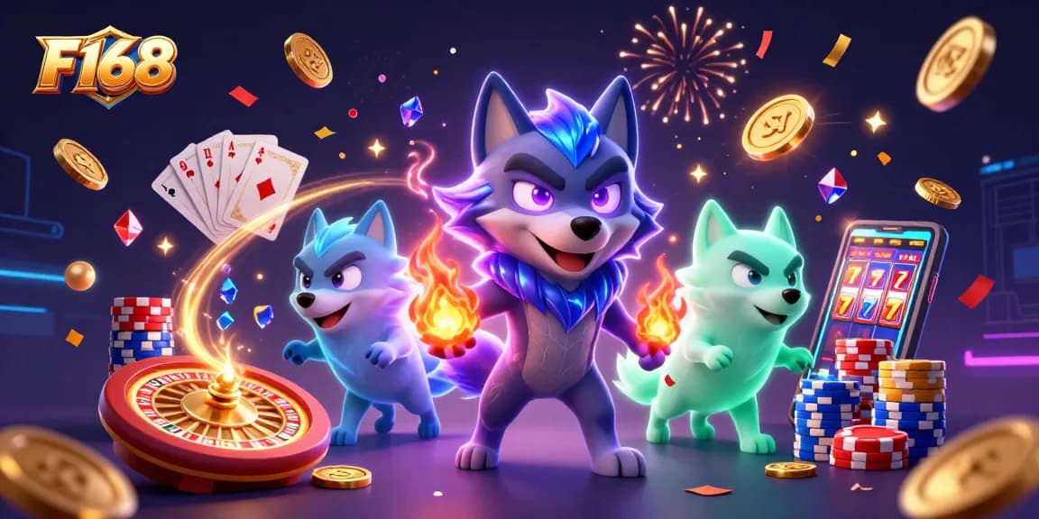Experience thrilling wins at F168 with ghostly wolves, golden coins, and vibrant casino elements.