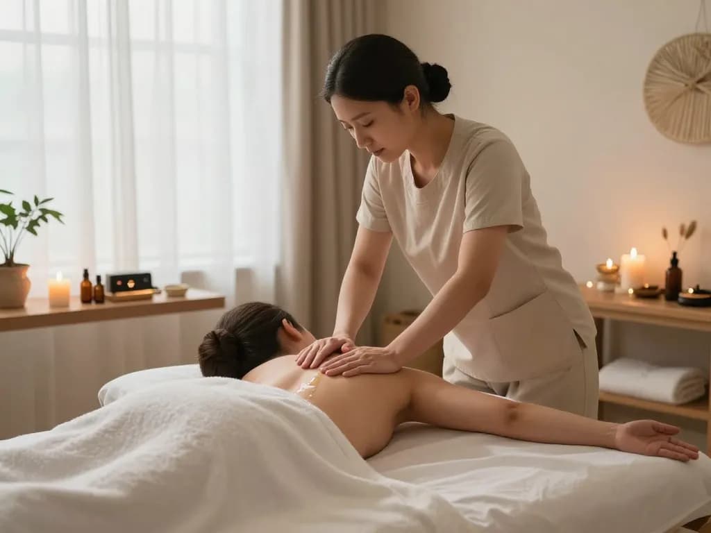 Relaxing 부산스웨디시 massage environment with calming decor and a therapist in action.
