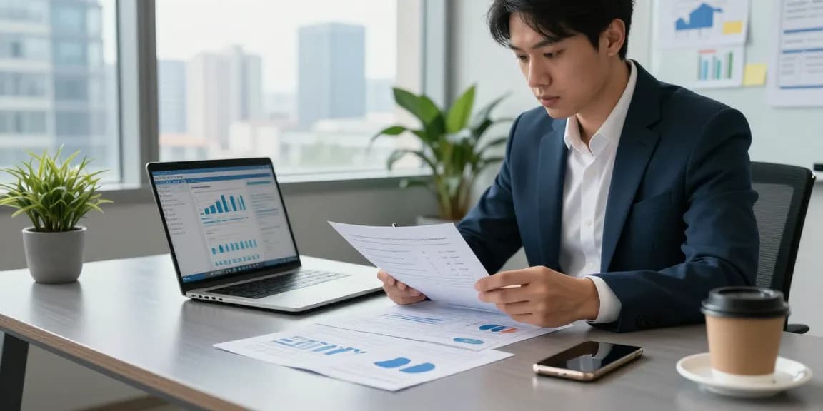 Professional analyzing asset tracing data at modern office desk with financial reports, laptop, and city view.