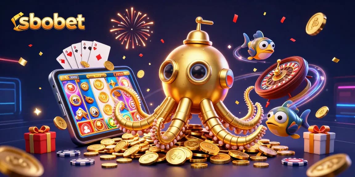 Engage with sbobet in a vibrant, dynamic casino adventure with a kraken submarine amidst golden coins.