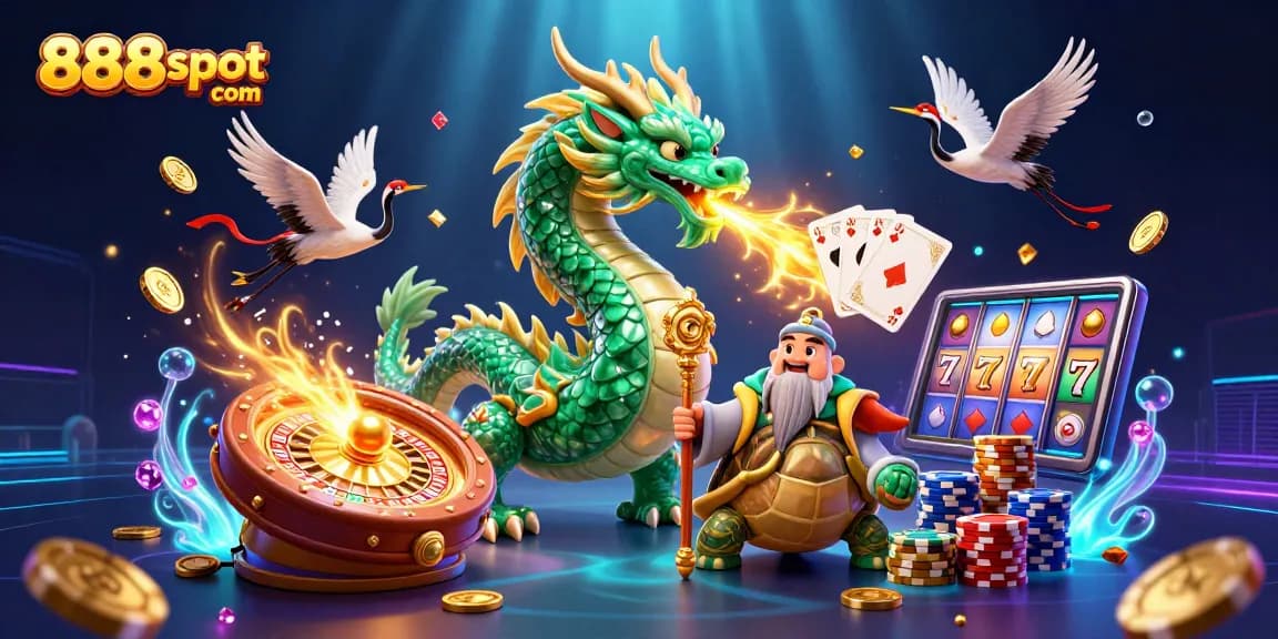 Experience exciting gameplay at 888slot com with emerald dragons, golden coins, and vibrant casino elements.