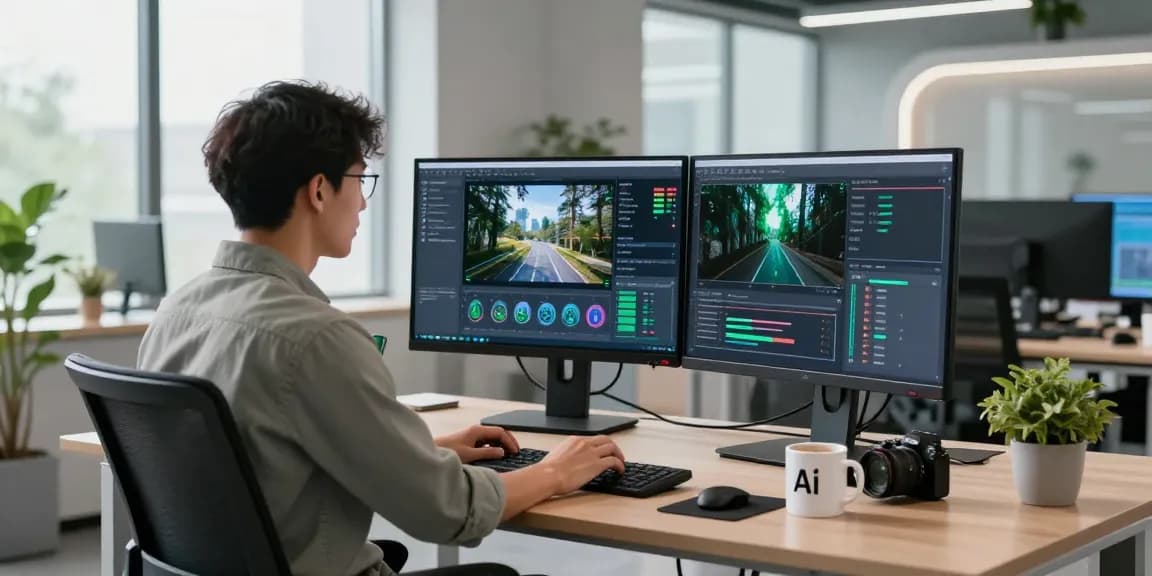 AI image detection process by a professional using a free ai detector tool in a modern office setting.