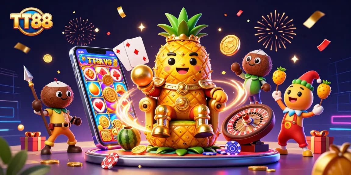 Engage with TT88's vibrant casino scene featuring the golden pineapple king and exciting game elements.