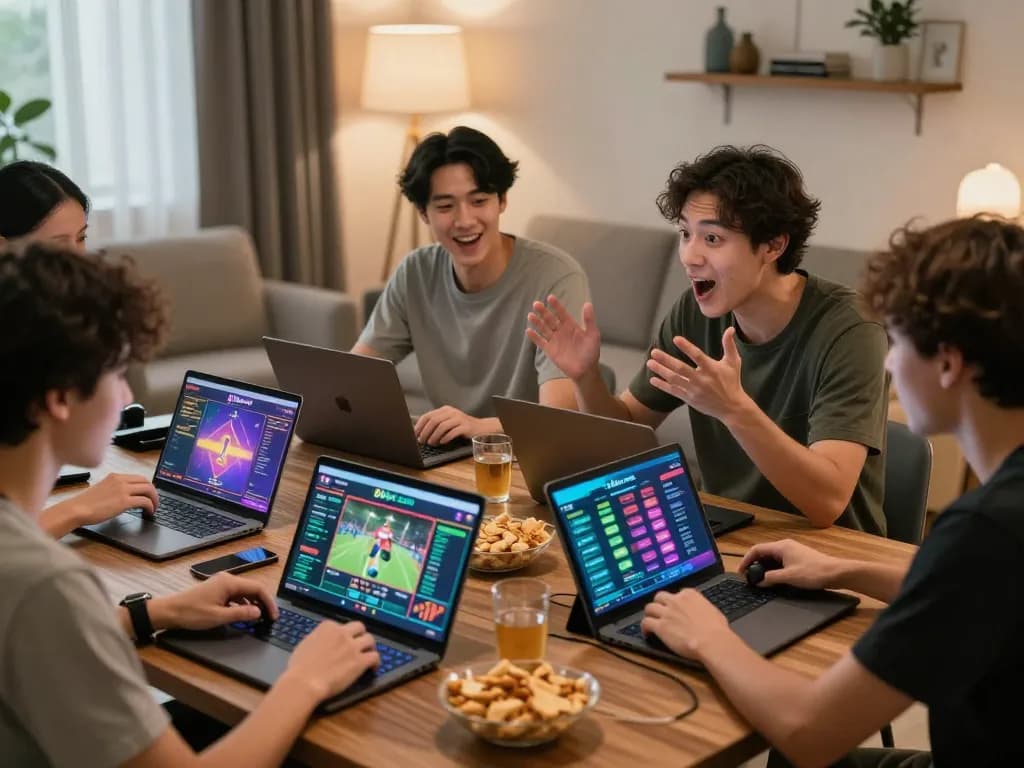 Friends enjoying online gaming and betting on 8kbet.com in a cozy living room.