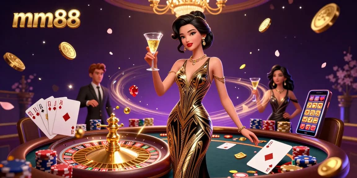 Experience mm88's glamorous casino atmosphere with elegant characters, vibrant game elements, and dazzling effects.