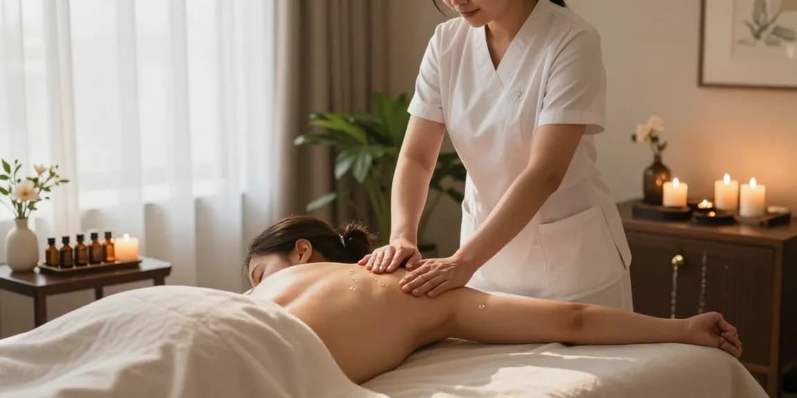 Swedish massage therapy session featuring a therapist applying oil in a serene spa setting.
