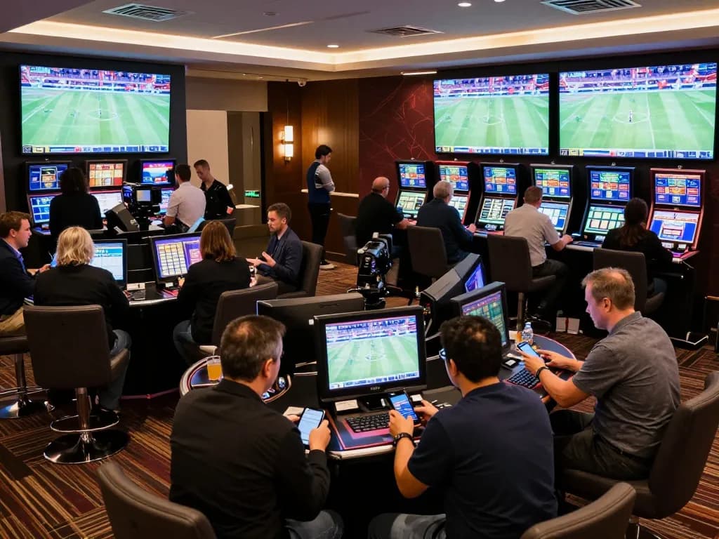 Exciting live sports betting scene at 99win casino, showing engaged bettors analyzing odds and placing wagers.