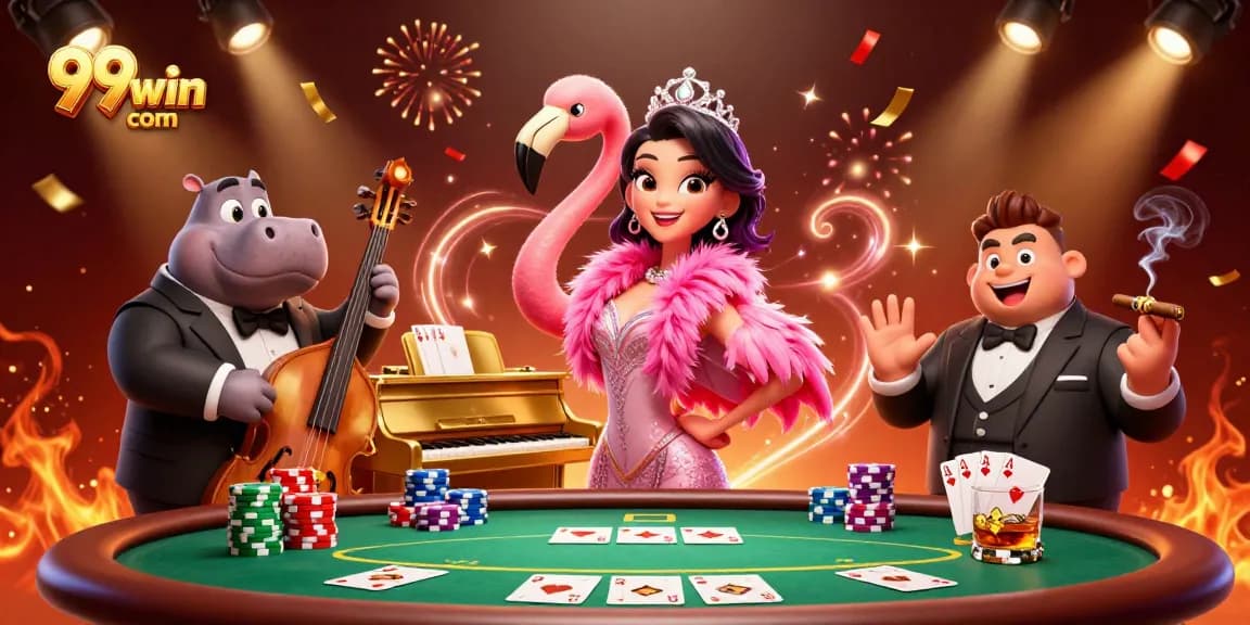 Engage with 99win com in a dynamic casino setting featuring vibrant characters and poker elements.