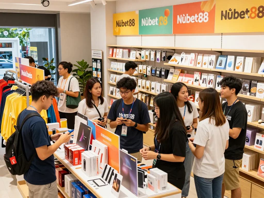 Exciting shopping scene showcasing Nhà cái Hubet88 products with diverse customers engaging in vibrant retail atmosphere.