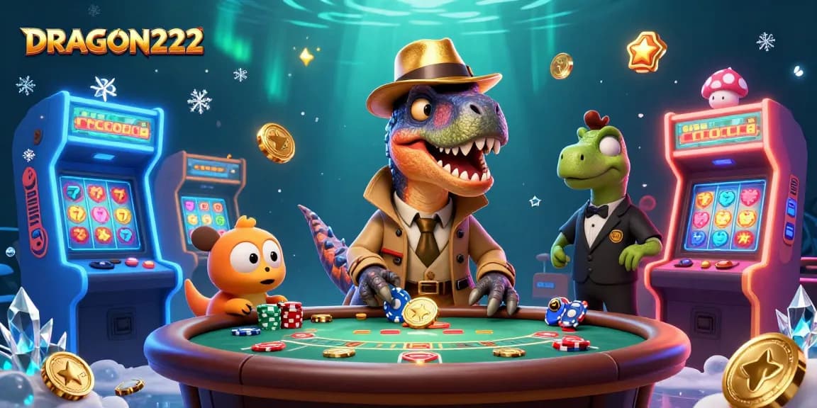 Experience thrilling gameplay with DRAGON222, as a velociraptor counts cards at a bustling casino table.