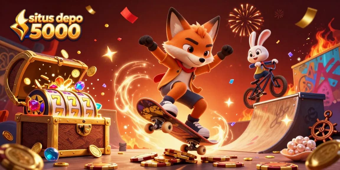 Gambar situs depo 5000 menunjukkan slot menarik dengan karakter kartun, memukau dengan elemen kasino.