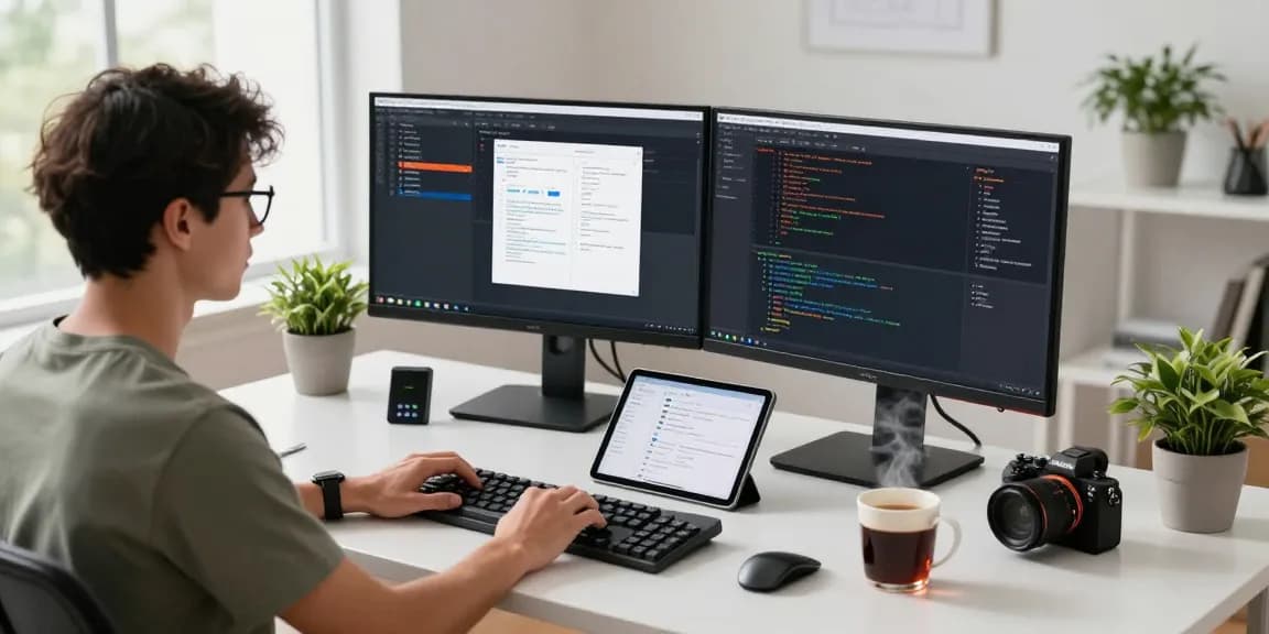 Dynamic workspace showcasing 截图工具 in action, with a developer coding on dual monitors amidst a vibrant modern office environment.