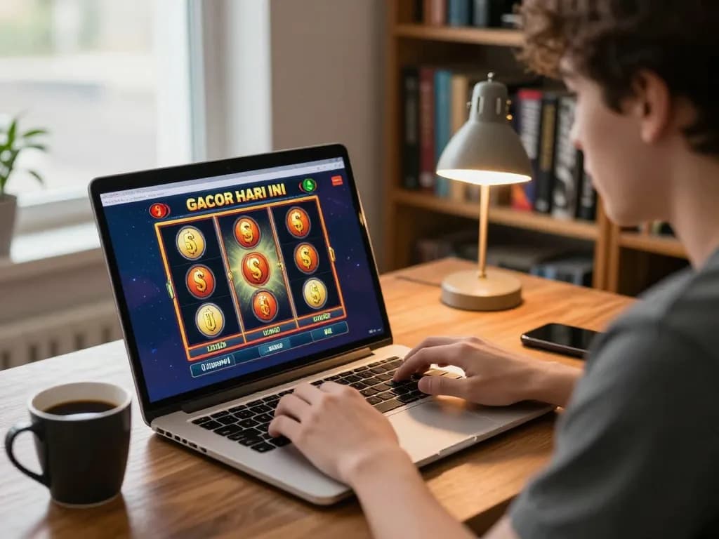 Player engaging in slot gacor hari ini online game, focused on the screen, showcasing strategic gameplay.