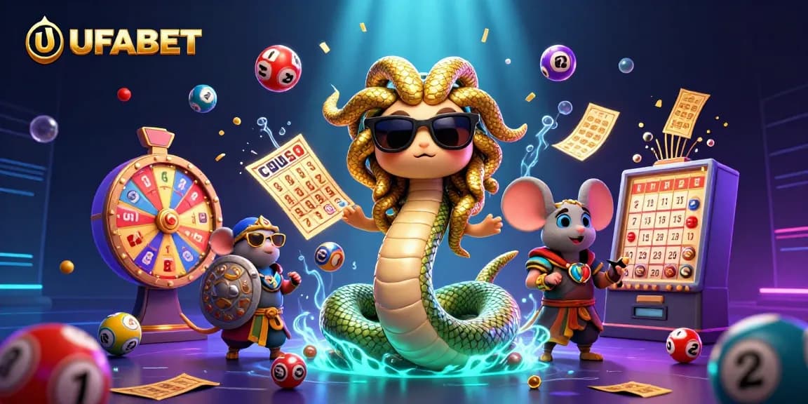 Play exciting games at UFABET with vibrant illustrations of Medusa and fun lottery elements.
