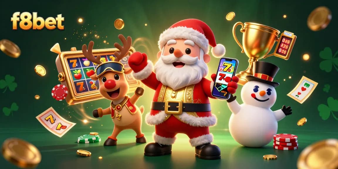 Play thrilling slots with f8bet while celebrating with Santa and friends in a festive casino.