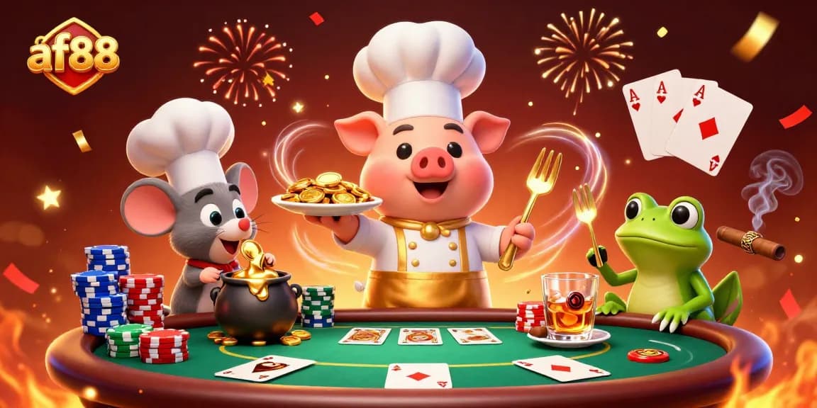 Gamble with excitement at af88, where a chef pig serves gold coins amidst a lively casino atmosphere.