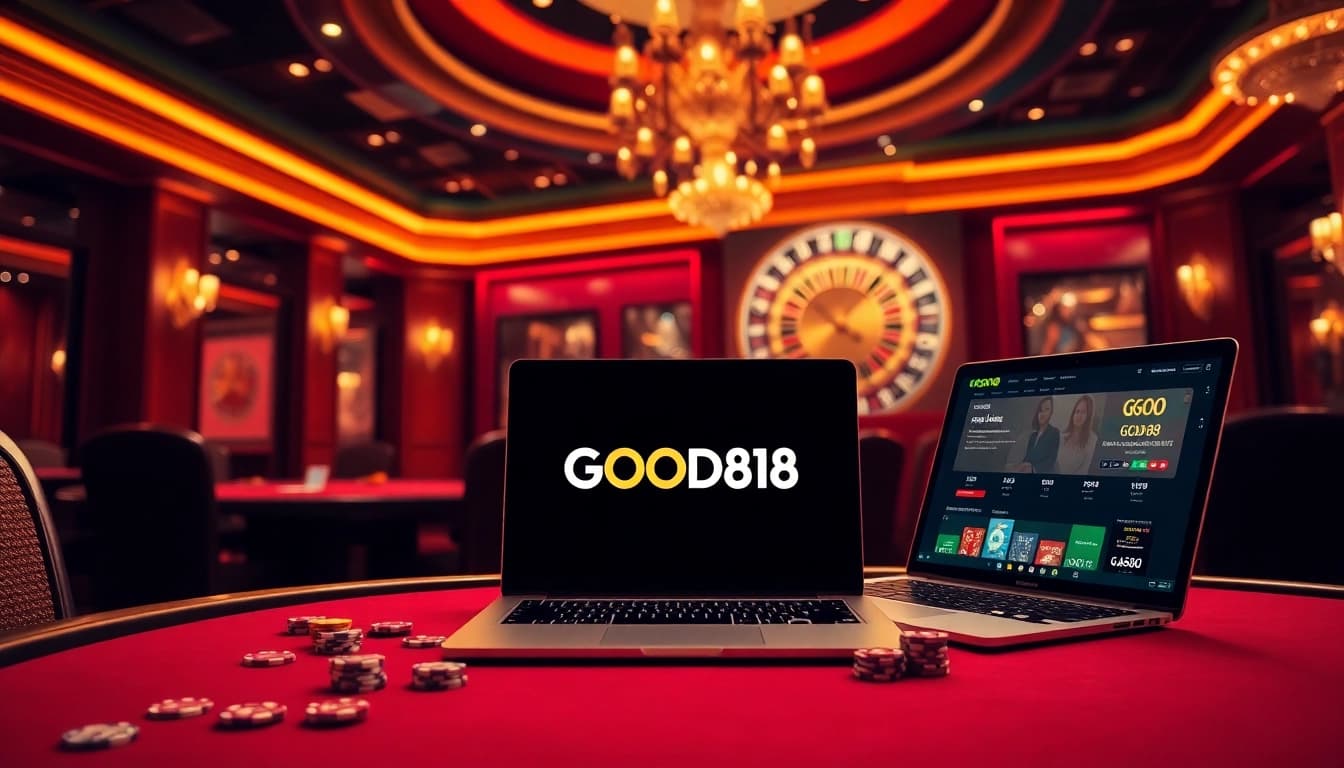 Experience the thrill of online gambling at GOOD88 with vibrant casino elements and professional gaming atmosphere.