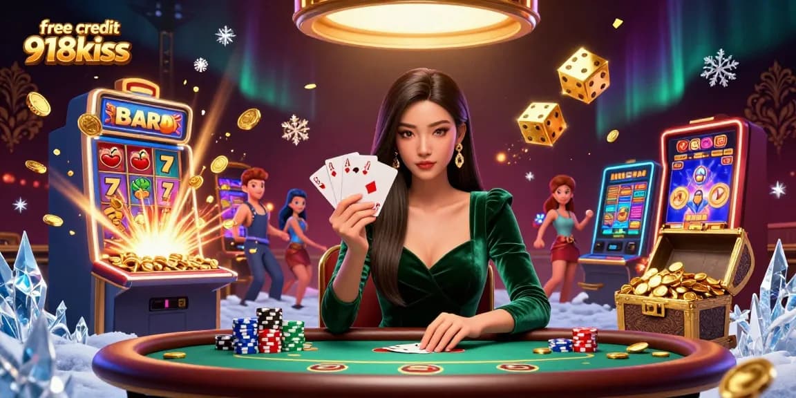 Cashing in on free credit 918kiss while playing at an elegant poker table amidst dynamic casino elements.