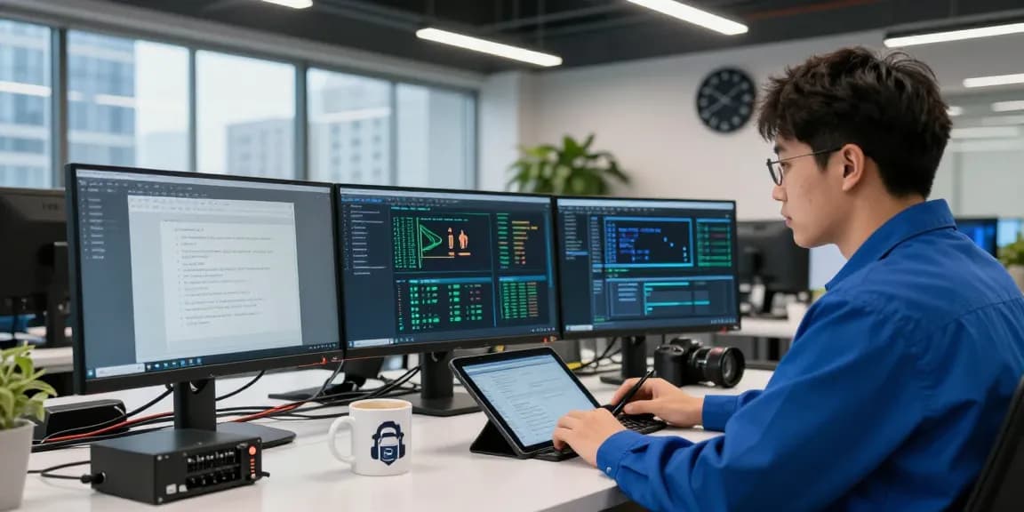 Dynamic security inspection scene at https://shs-dome5.com/ showcasing IT technician analyzing browser security protocols.