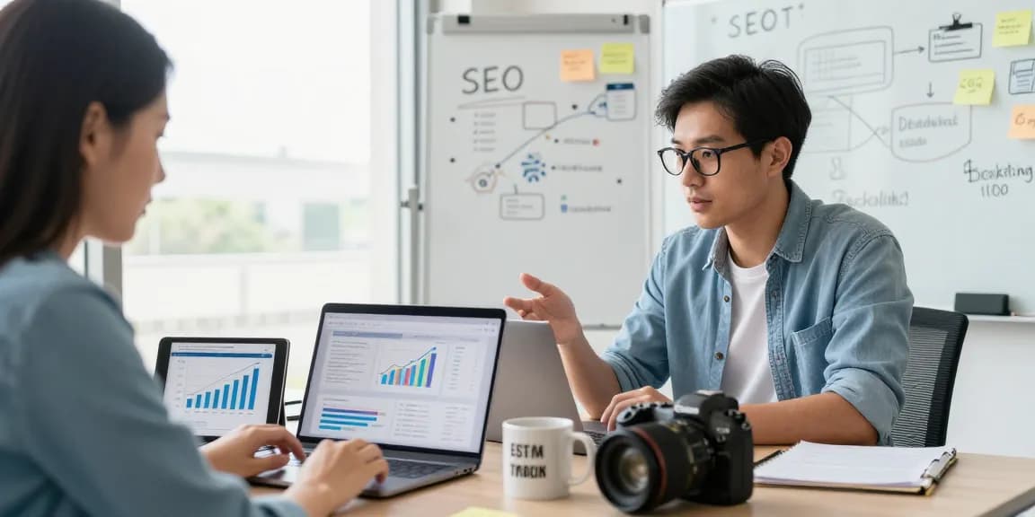 How Backlinks & Guest Posting Improve Your SEO in a vibrant digital marketing workspace with collaboration and strategy discussions.