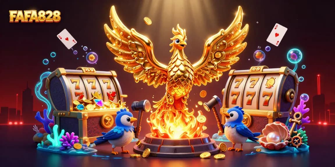 FAFA828 presents a vibrant golden phoenix and slot elements in an engaging 3D casino scene.