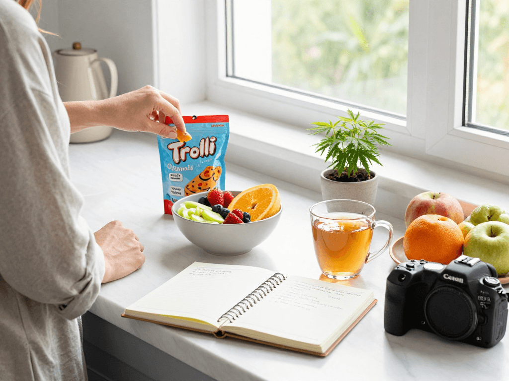 Trolli Originals gummies displayed on a bright kitchen counter with fresh fruit, CBD oil, and herbal tea promoting natural wellness.