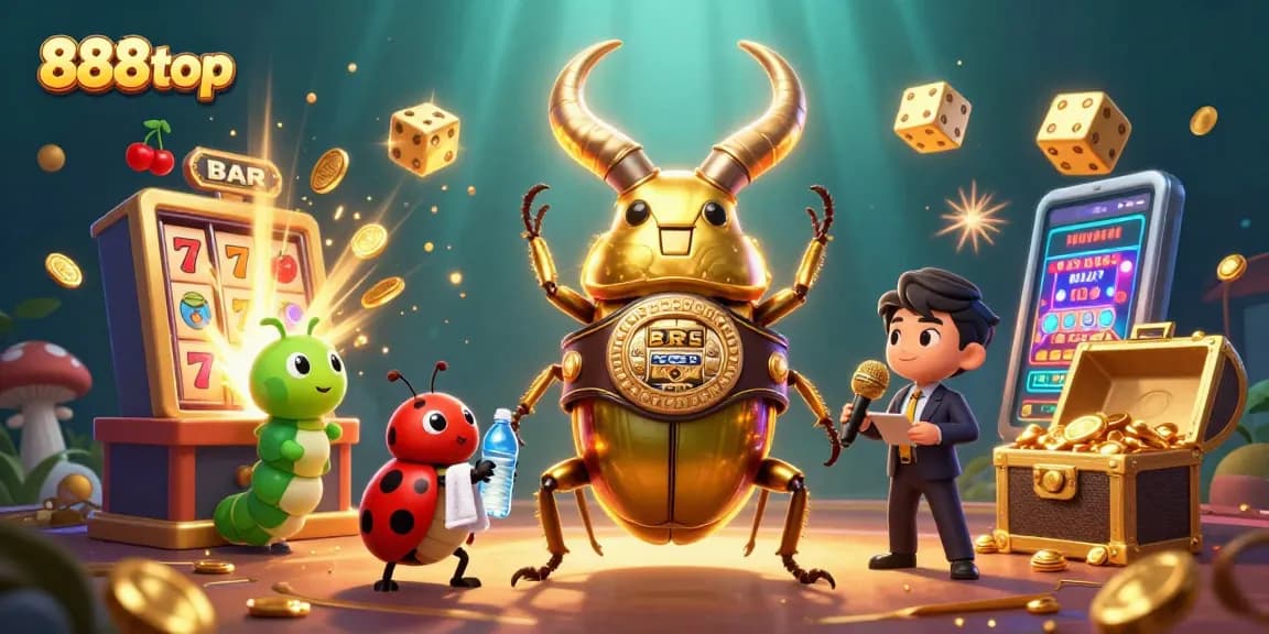 Play and win at 888top with the exciting casino illustration featuring a giant beetle champion in vibrant gameplay.