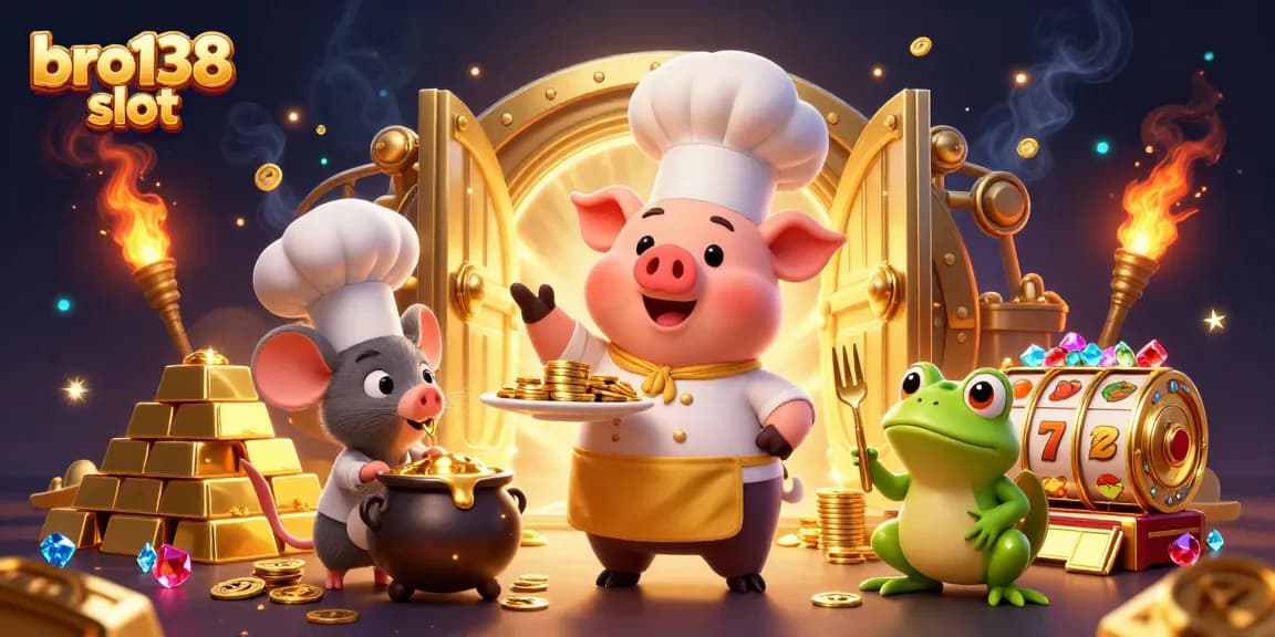 Experience the excitement of bro138 slot with a vibrant 3D scene of a chef pig presenting gold coins, symbolizing wealth and adventure.