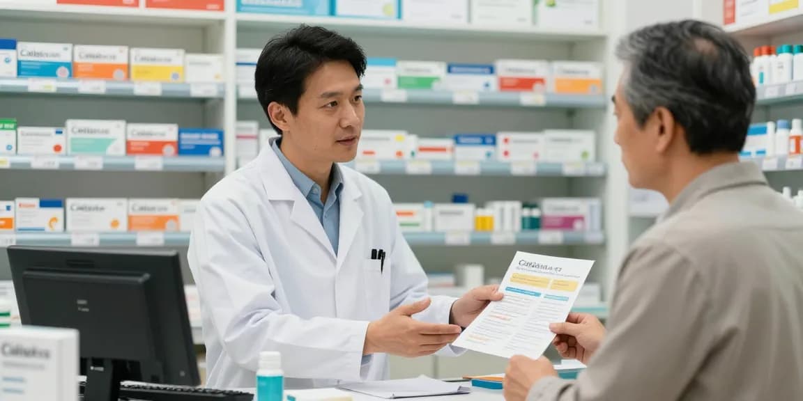 Cialis consultation in pharmacy, pharmacist discussing erectile dysfunction treatment with customer in a welcoming environment.