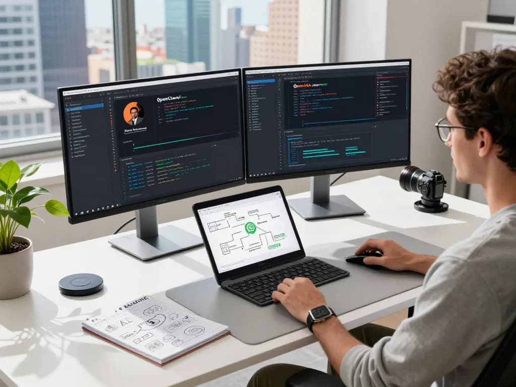 OpenClaw personal AI assistant setup in a modern tech workspace with coding interfaces and productivity tools.