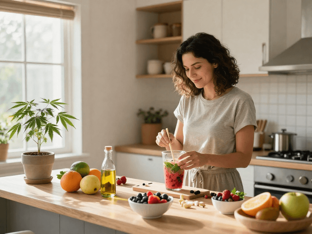 Edibles UK scene: woman preparing CBD-infused smoothie with fresh ingredients, promoting natural wellness.