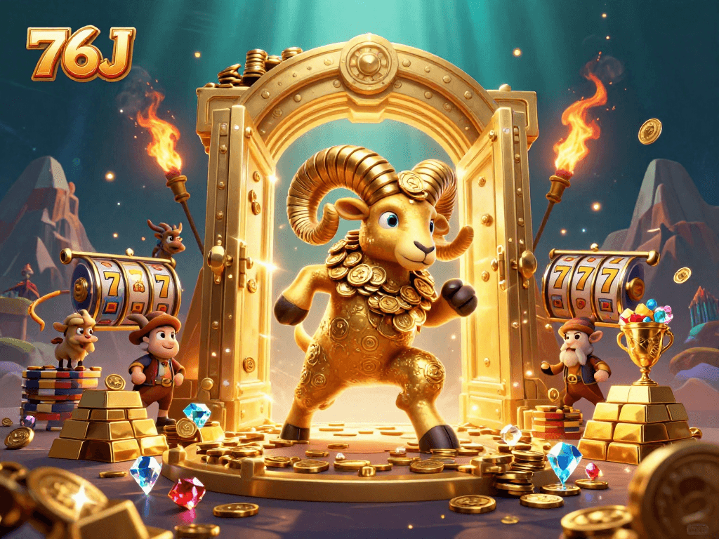 Ganhe com 76J, ilustrando um cassino vibrante com o carneiro dourado e símbolos de slot.