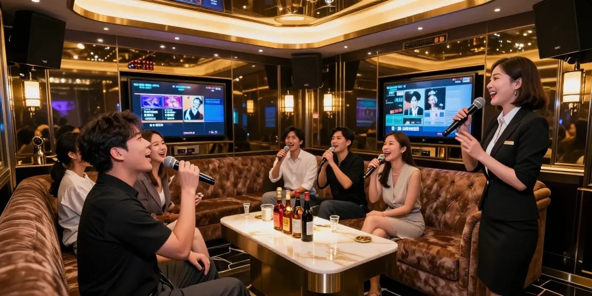 Enjoying a lively night at 강남 가라오케 with friends in a luxurious karaoke setting.