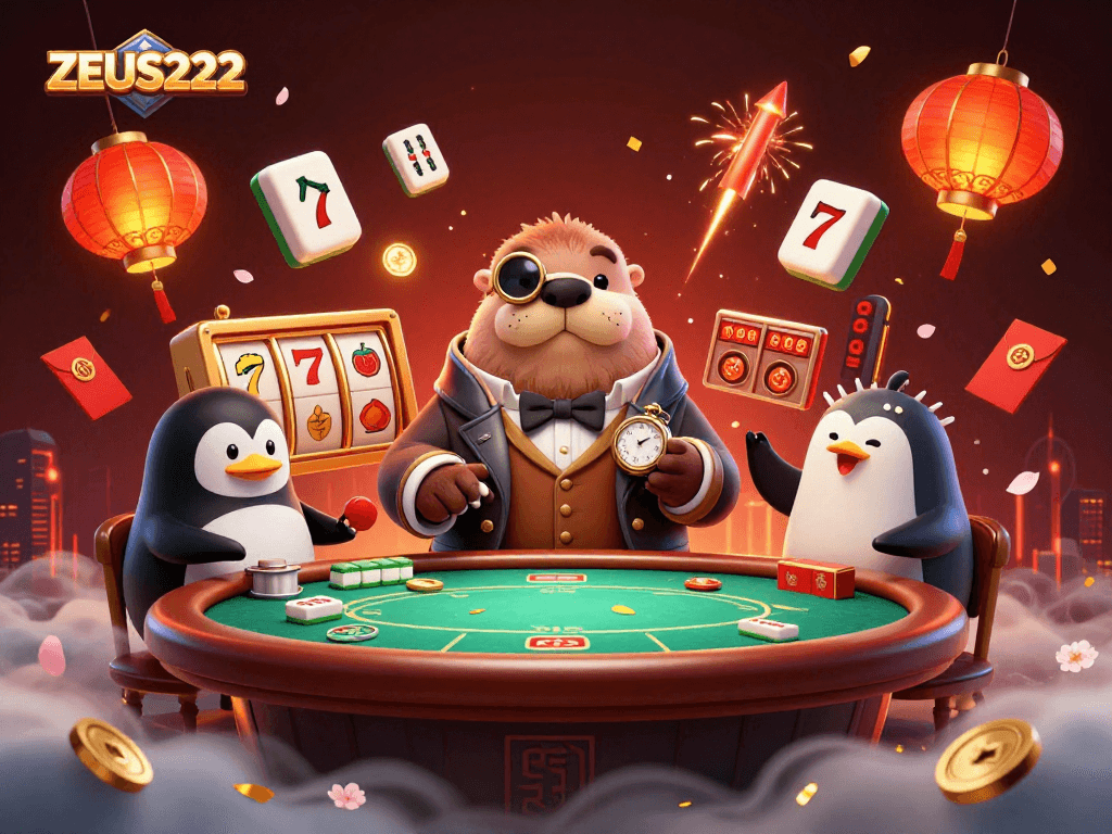 Experience the excitement at ZEUS222 with a joyful scene of a walrus, penguin dealer, and pufferfish amidst vibrant slot elements.