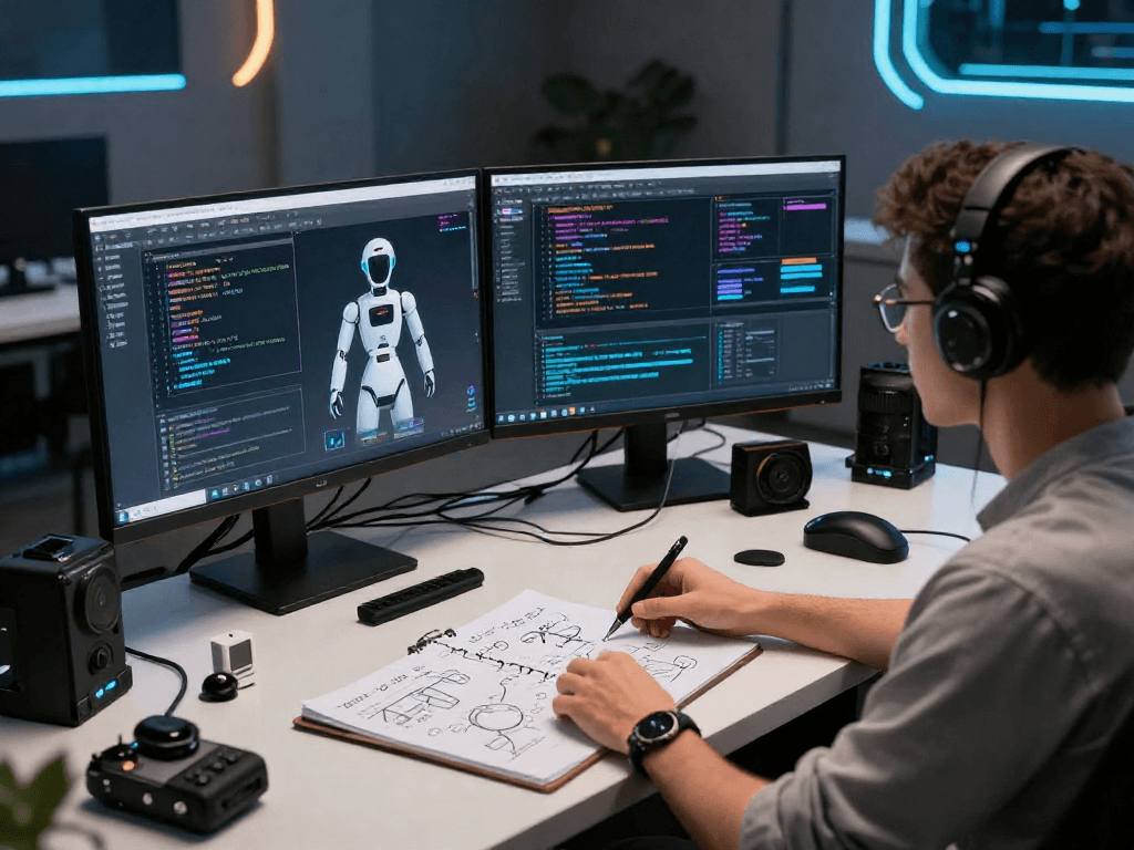Developer designing an advanced sex bot in a modern tech workspace.