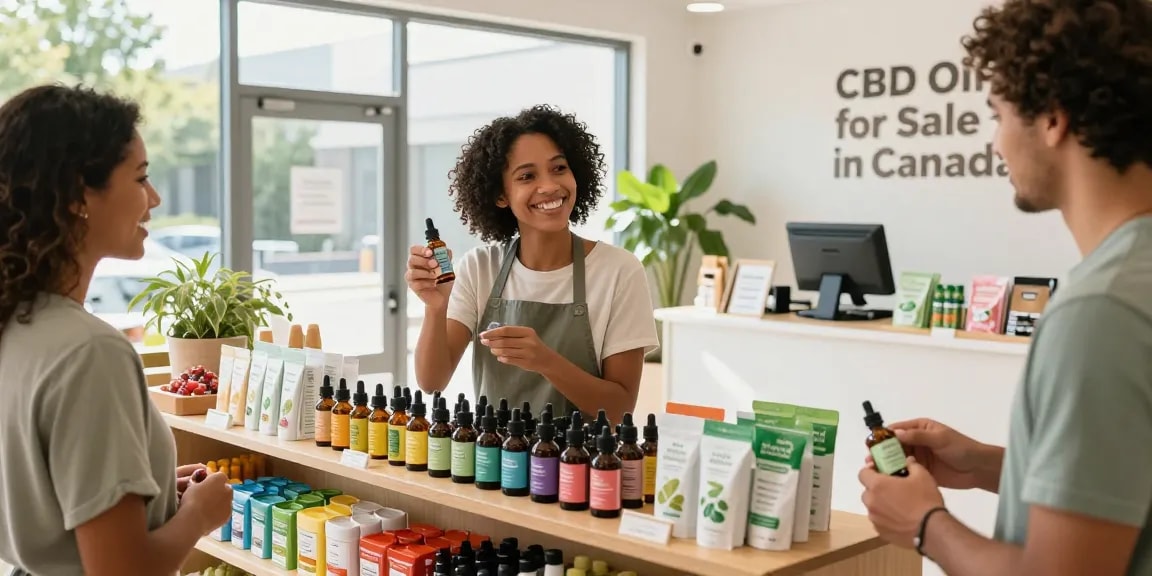 Shop organic CBD oil for sale in Canada with friendly staff and vibrant product display.