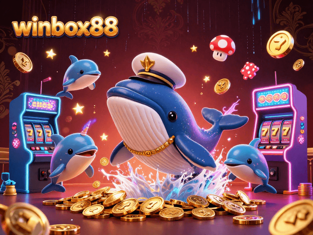 Winbox88: Dive into fun with a giant whale and dolphins playing poker in a vibrant casino.