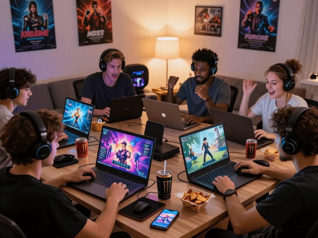 Players enjoying interactive porngame sessions on various devices in a cozy setting.