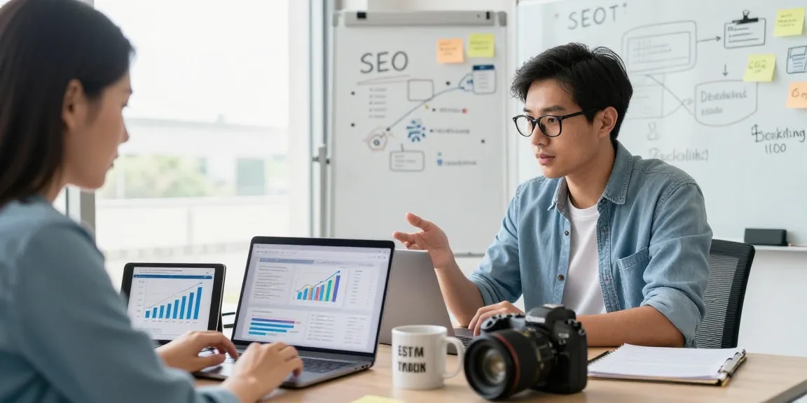 How Backlinks & Guest Posting Improve Your SEO in a vibrant digital marketing workspace with collaboration and strategy discussions.