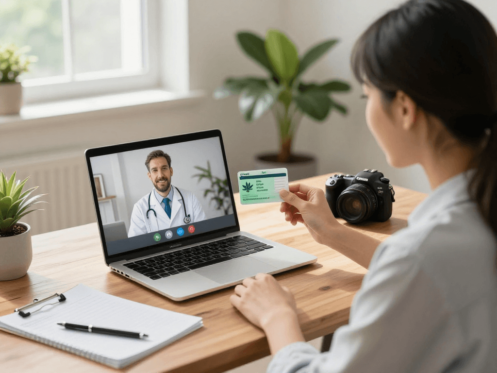 Medical marijuana card consultation in a cozy home office with physician on video call.