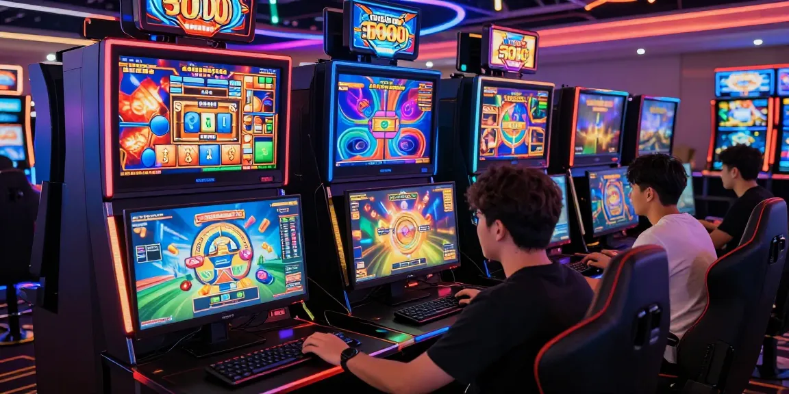 Online gaming excitement featuring slot depo 5000, vibrant players at computers, immersive casino graphics.