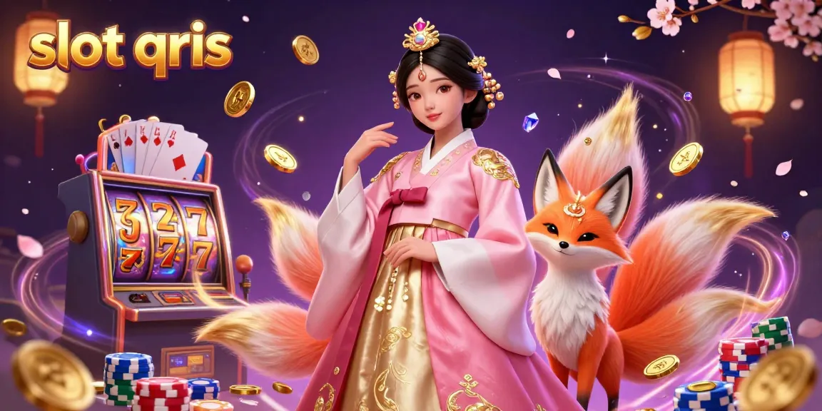 Spin the slot qris reels with luck, featuring a glamorous Asian character and vibrant casino elements.