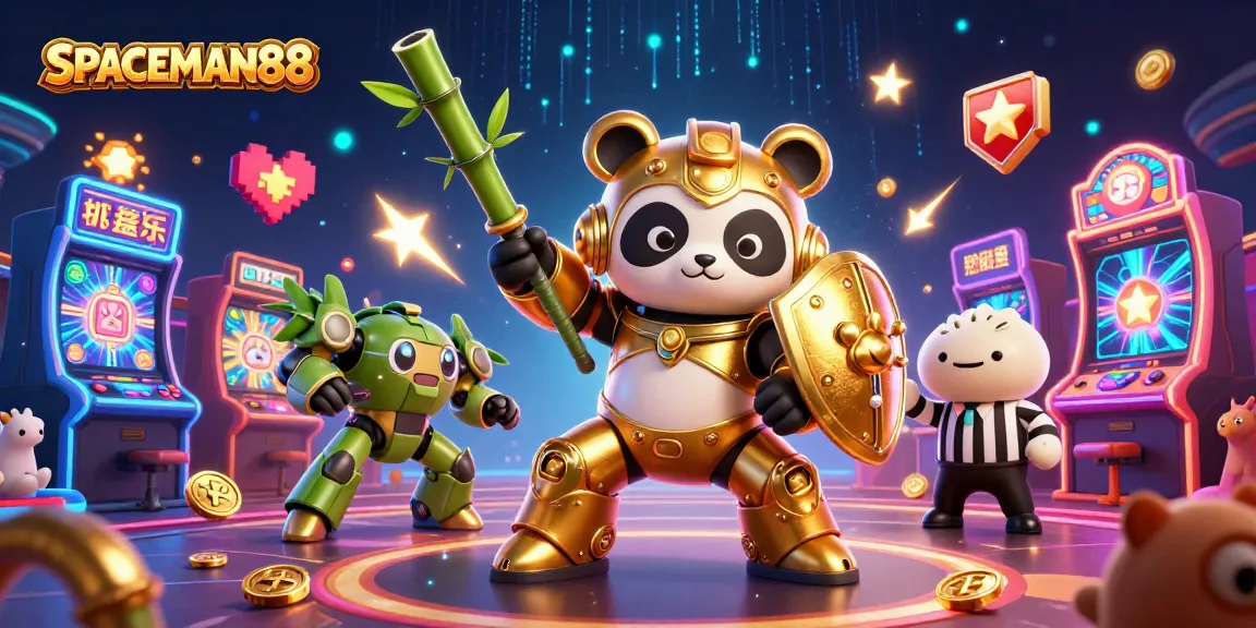 SPACEMAN88 arcade scene with a golden panda robot thriving under casino lights and dynamic game elements.