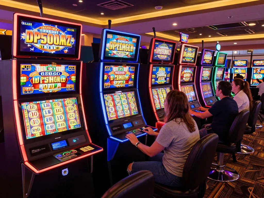 Players engaging with slot bet 100 strategy at colorful casino machines, vibrant gaming atmosphere
