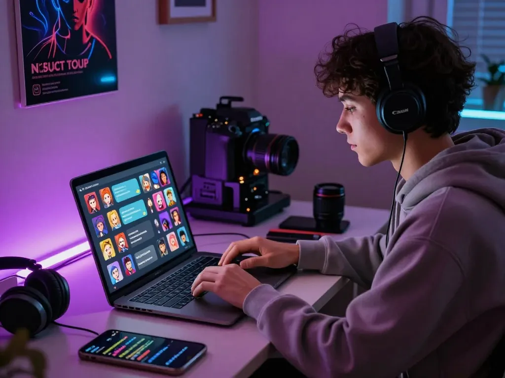 Engaging in an NSFW AI chat on a laptop in a cozy, neon-lit home office.