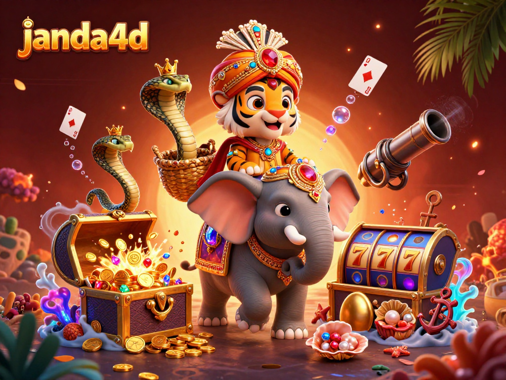 Engage players with janda4d's vibrant 3D illustration showcasing immersive casino elements.