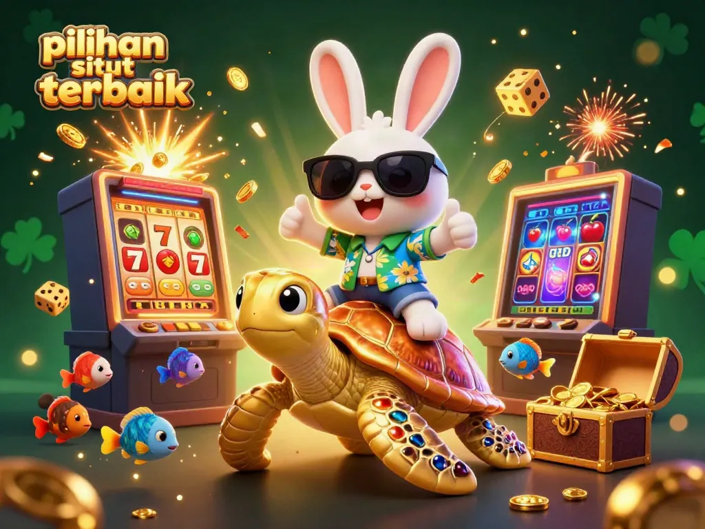 Ilustrasi slot online dengan karakter kelinci bahagia dan kura-kura emas, tema pilihan situs slot terbaik.