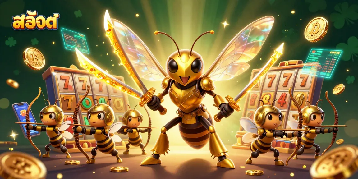 Engage with สล็อต at this lively casino scene featuring a golden hornet and slot elements.